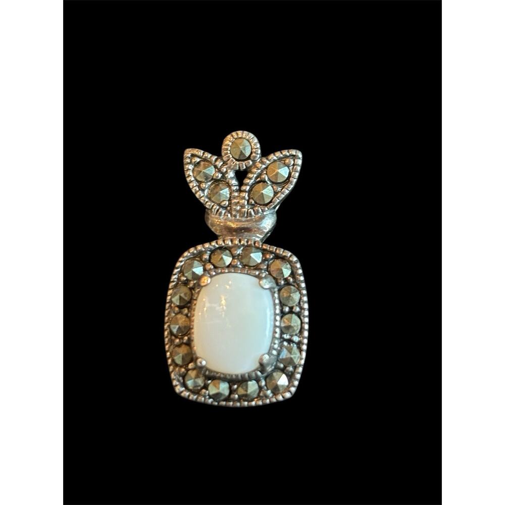 Sterling Silver White Milk Glass Marcasite 1” Pendant 925